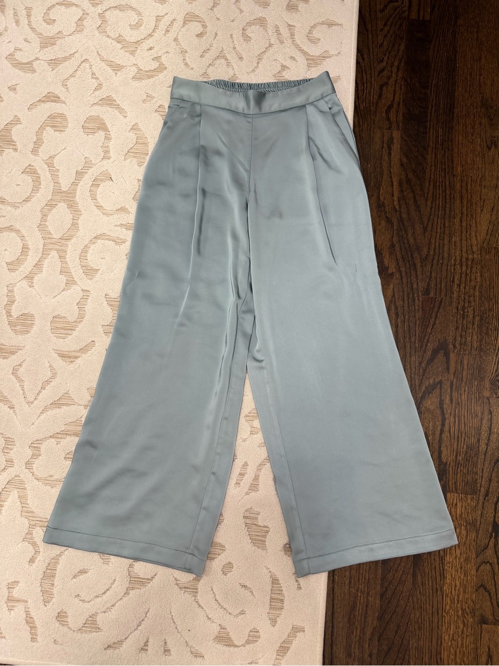 DREW Wide-Leg Satin-Feel Pants in Dusty Blue